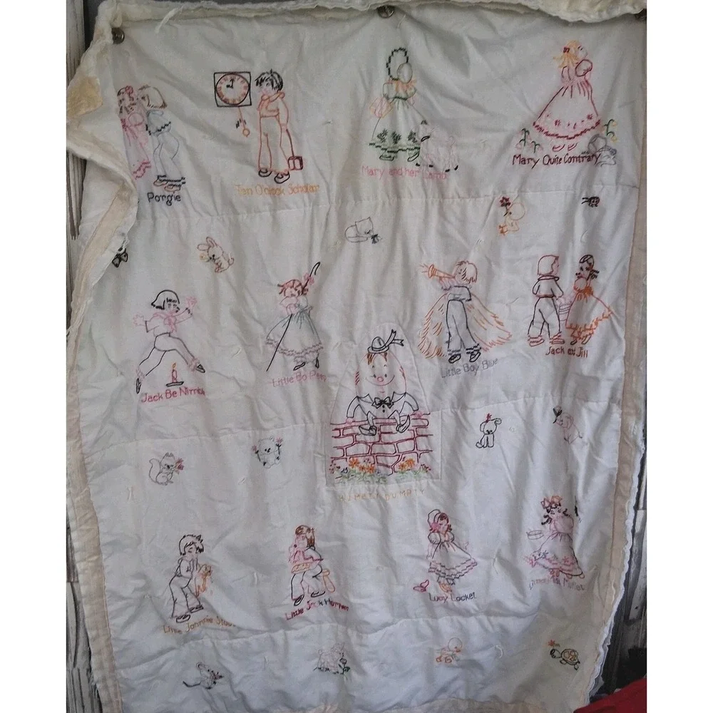 Vintage Hand Embroidered Baby Quilt Blanket Mother Goose Nursery Rhyme Motif...